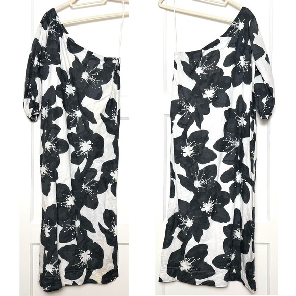 SOMETHING NAVY Floral Print Linen Cotton One Shoulder Puff Sleeve Column Gown L - Picture 9 of 13